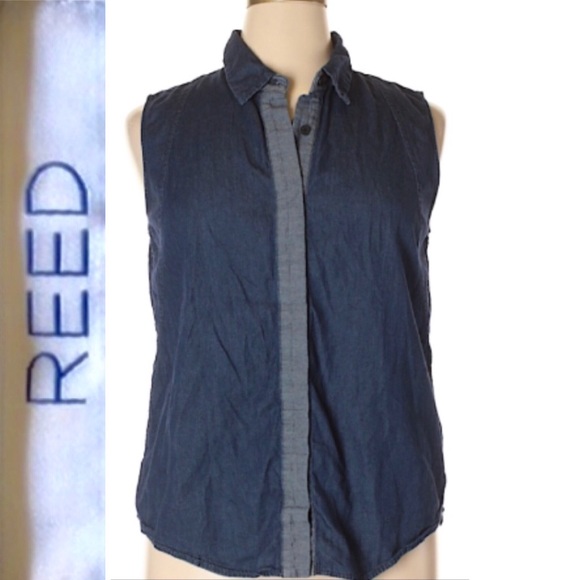 ♻️ Dark Chambray Sleeveless Button Down Shirt REED - Picture 2 of 6